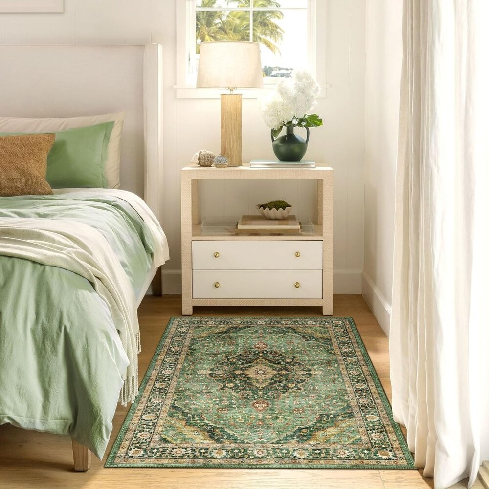 New 3x5 Green Area Rug, Washable Low-Pile Non-Slip Carpet for Home & Room